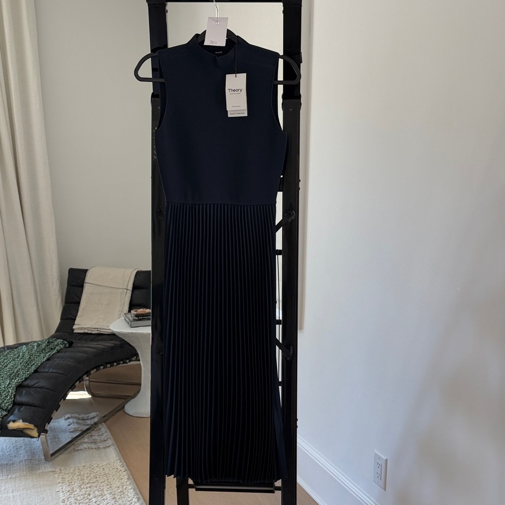 Theory Sleeveless Navy Pleated Maxi Dress